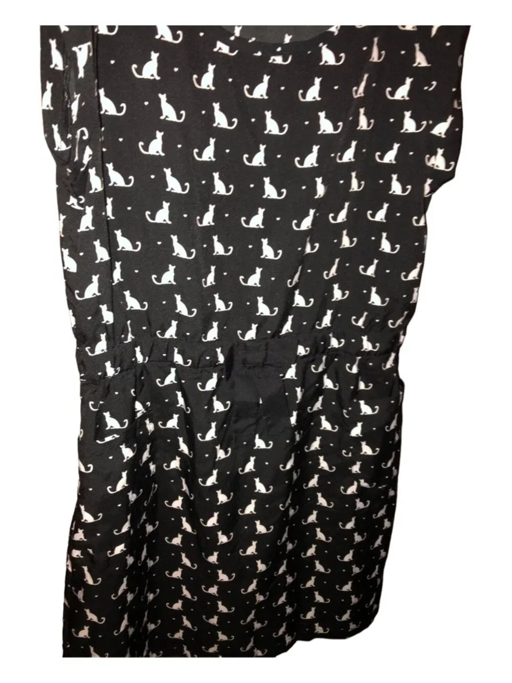 White Cat Print Black Short Sleeve Sun Dress Accent Bow Pockets Sz XL (14-6)